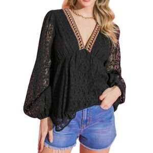 Black Lace Lined Baby Doll Blouse Top with Contrasting Trim Women's Medium